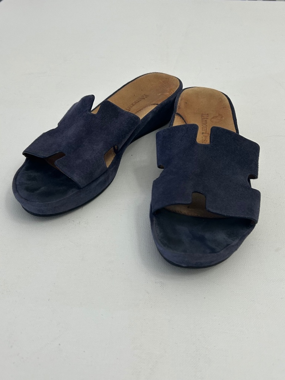 L'Amour Des Pieds Catiana Platform Slides In Navy Suede Size 8M